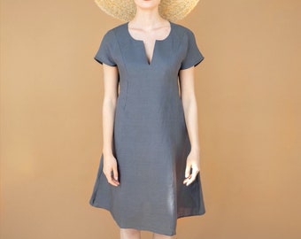 Linen Short Sleeve Dress with a Split Cut Neckline and A-Line Silhouette, Mothers Day Gift