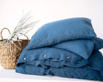 Set of 3, Linen Duvet Cover Set, Linen Duvet Cover, Two Linen Pillowcases, Hypoallergenic Linen Bedding, Dark Blue, Mothers Day Gift