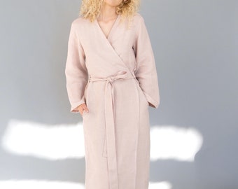 Long Linen Robe from Stonewashed Organic Linen with Pockets, Mothers Day Gift