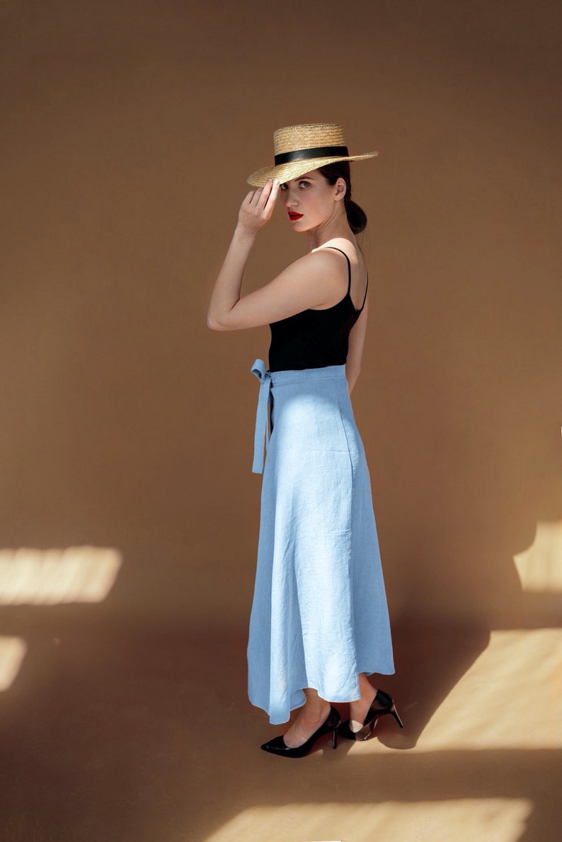 Linen wrap skirt maxi wrap skirt a line skirt laurel light blue