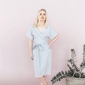 Dress nora linen wrap dress a line dress short sleeve summer dress with pockets light grey