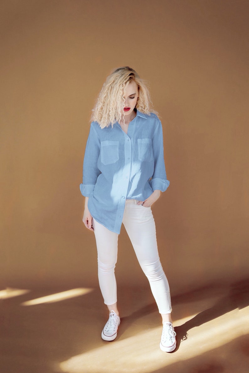 Linen shirt button up shirt linen button shirt oversized shirt adrienne light blue