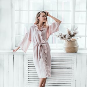 Linen Kimono Robe with Wide Sleeves, Ruffles, and Pockets