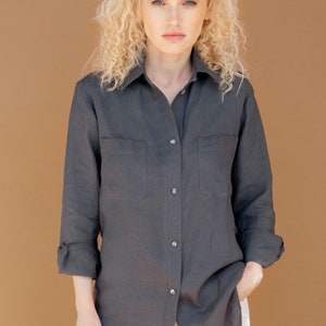 Stonewashed loose linen shirt button up shirt womens shirt adrienne dark grey