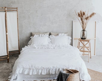 Ruffle Bedding Set of 3, Linen Ruffle Duvet Cover and Two Pillowcases from 100% Organic Linen, White, Mothers Day Gift