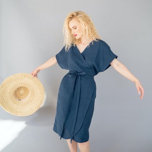 Dress nora linen wrap dress a line dress short sleeve summer dress with pockets dark blue