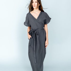 Long linen dress kimono wrap dress maternity dress maxi dress evelyn dark grey