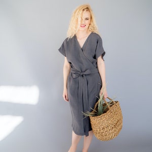 Dress nora stonewashed linen wrap dress with pockets a line dress dark grey