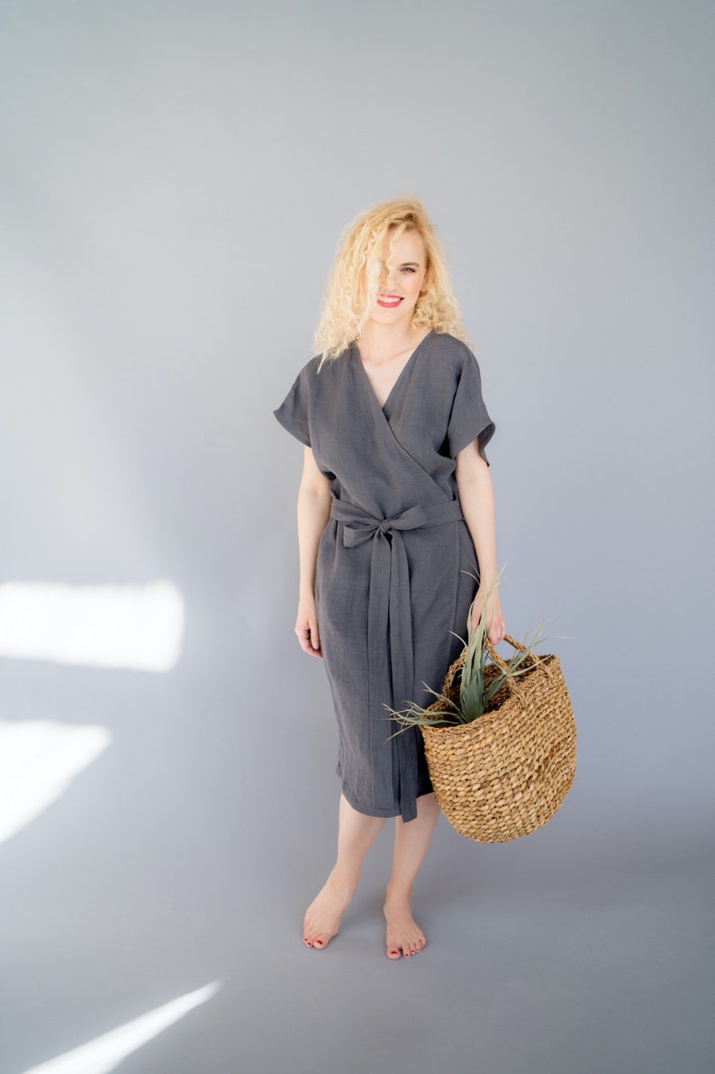 Dress nora stonewashed linen wrap dress with pockets a line dress dark grey