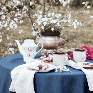 V linen tablecloth round tablecloth basic tablecloth dark blue