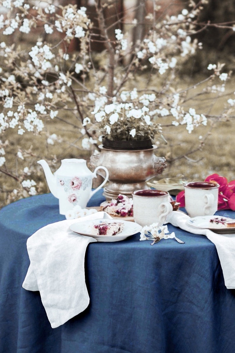 V linen tablecloth round tablecloth basic tablecloth dark blue