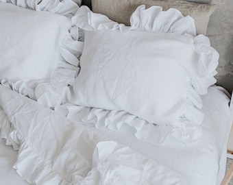 Beautiful Linen Ruffle Pillowcases Set from Soft Linen Fabric, Stonewashed
