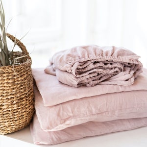 Linen sheet set basic sheet set basic fitted sheet basic flat sheet basic pillowcases pink