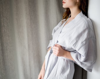 Organic Linen Bathrobe, Kimono Robe, with Pockets, Wide Sleeves, Inner Ties and Belt, Mothers Day Gift