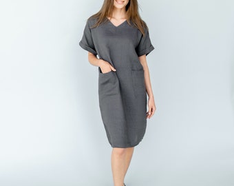 Linen Summer Dress with V-Neck and Pockets, Available Also in Plus Sizes, Mothers Day Gift