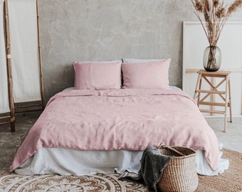 Organic Linen Bedding Set, Linen Duvet Cover and Two Linen Pillowcases, Pink, Mothers Day Gift