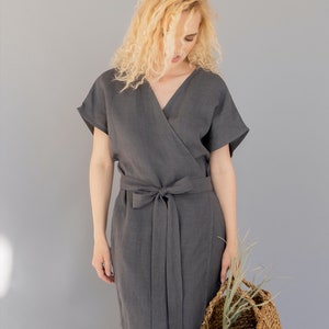 Dress nora linen wrap dress a line dress short sleeve summer dress with pockets dark grey