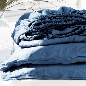 Stonewashed linen sheet set basic sheet set basic pillowcases basic fitted sheet basic flat sheet dark blue