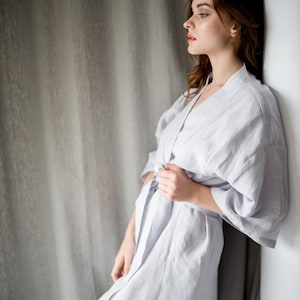 Linen Robe, Linen Kimono Robe, Linen Bathrobe, Linen Dressing Gown, Linen Loungewear, Wide Sleeve Robe