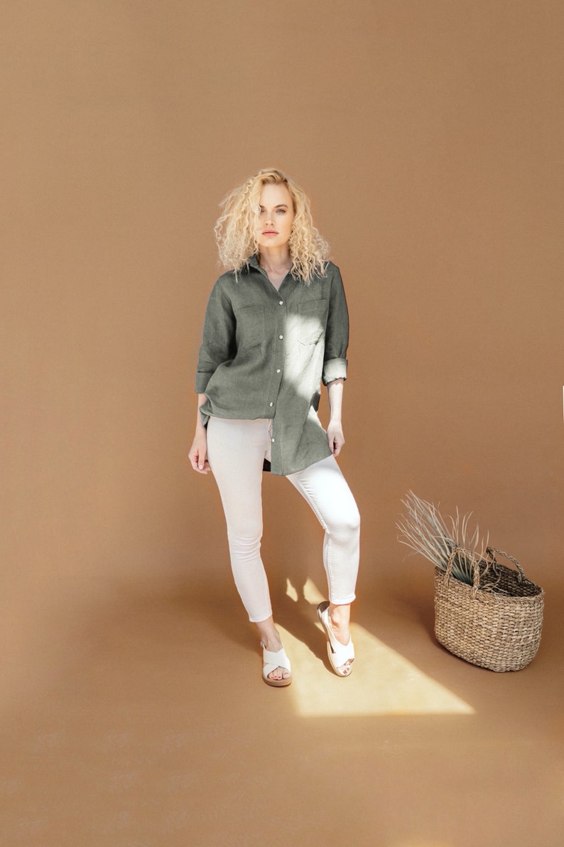 Plus size shirt linen button shirt long sleeve shirt adrienne green