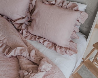 Linen Pillowcase with Ruffles, Ruffle Pillow Cover, Stonewashed Linen Pillowcase, Ruffle Bedding, Linen Bedlinen