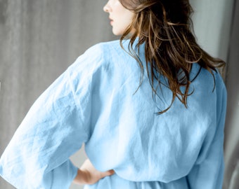 Linen Bathrobe, Linen Robe, Linen Kimono, Plus Size Robe, Japanese Style Robe, Linen Robe with Pockets, Mothers Day Gift