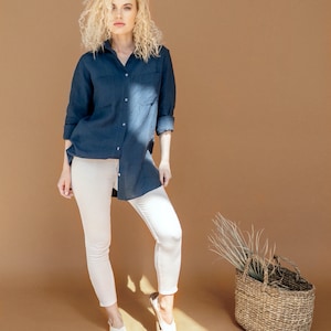 Plus size shirt linen button shirt long sleeve shirt adrienne dark blue