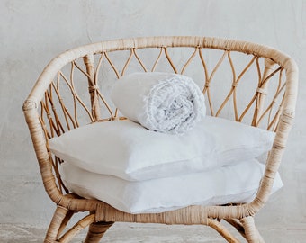 Juego de ropa de cama de sábana ajustada y fundas de almohada de lino orgánico 100% lavado a la piedra, blanco, regalo del Día de la Madre