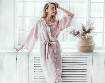 Linen Kimono Robe with Wide Sleeves, Ruffles, and Pockets, Mothers Day Gift