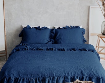 Ruffle Bedding Set of Linen Ruffle Duvet Cover and Two Linen Pillowcases, Dark Blue, Mothers Day Gift