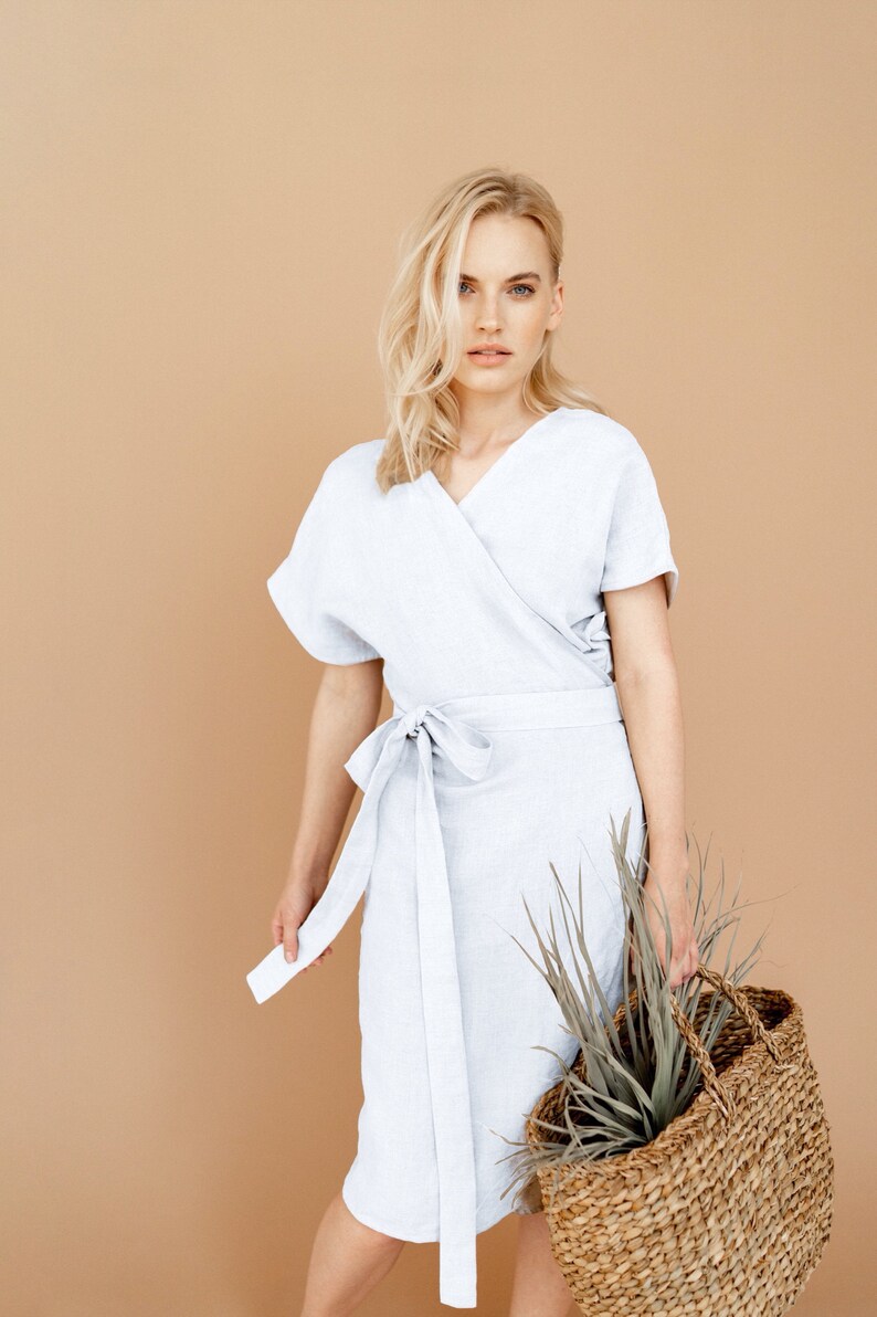 Dress nora linen wrap dress kimono dress with pockets pure white