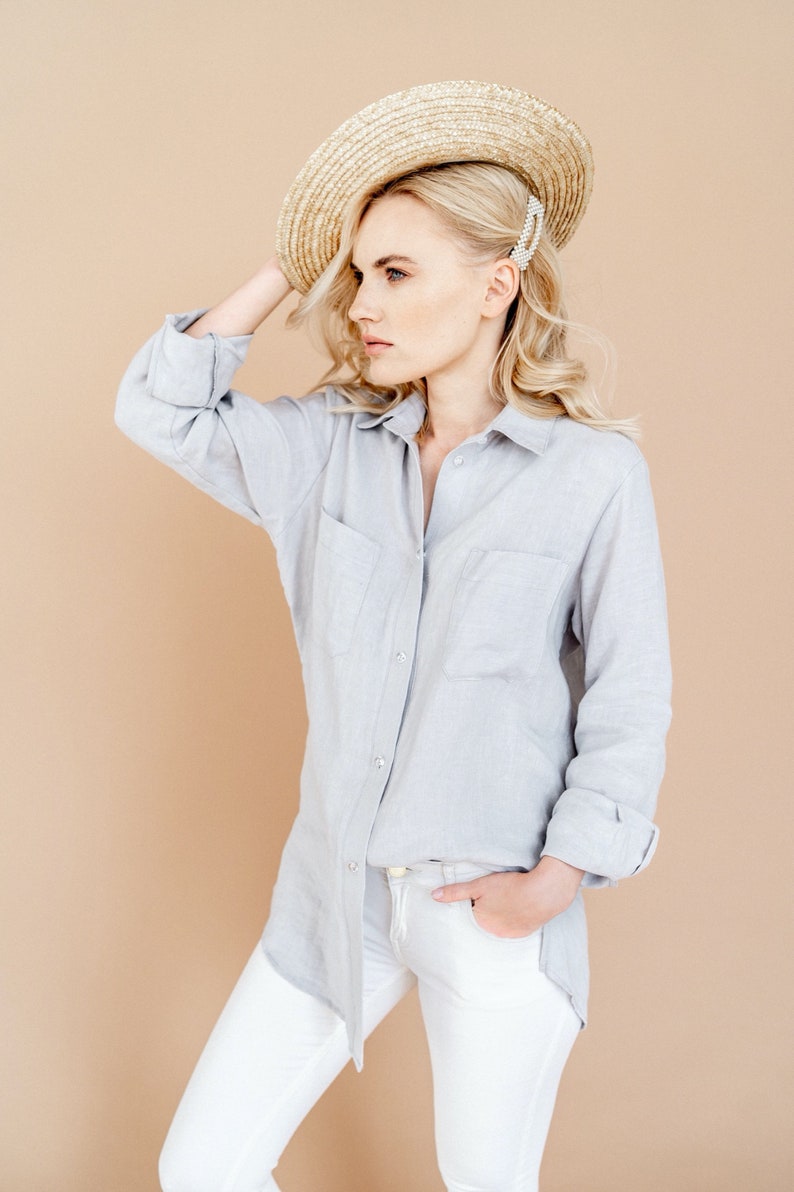 Linen shirt button up shirt linen button shirt oversized shirt adrienne light grey