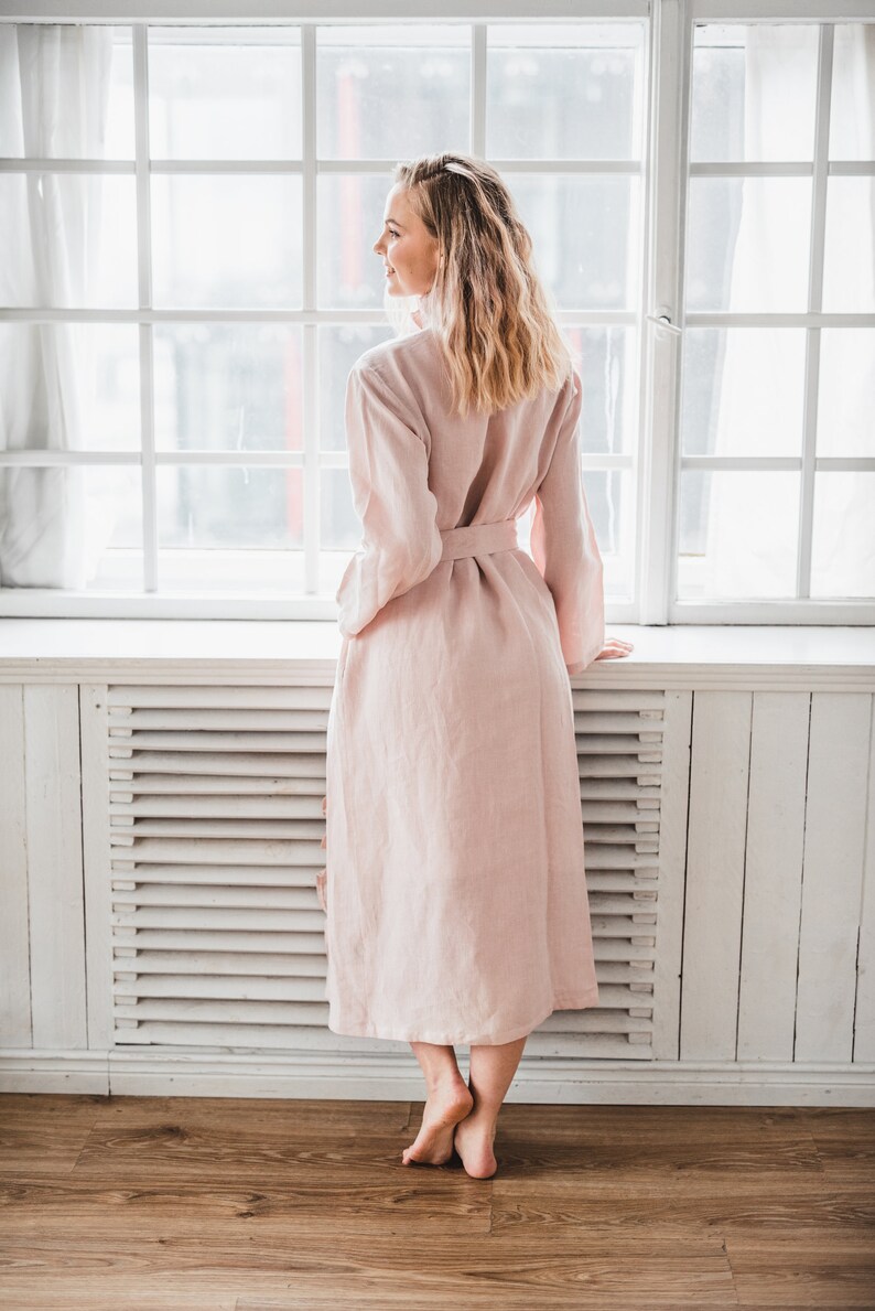 Long Linen Bathrobe with Ruffles Hidden Side Pockets Inner Etsy