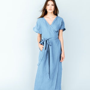 Linen maxi dress maternity dress plus size dress wrap dress kimono dress evelyn light blue