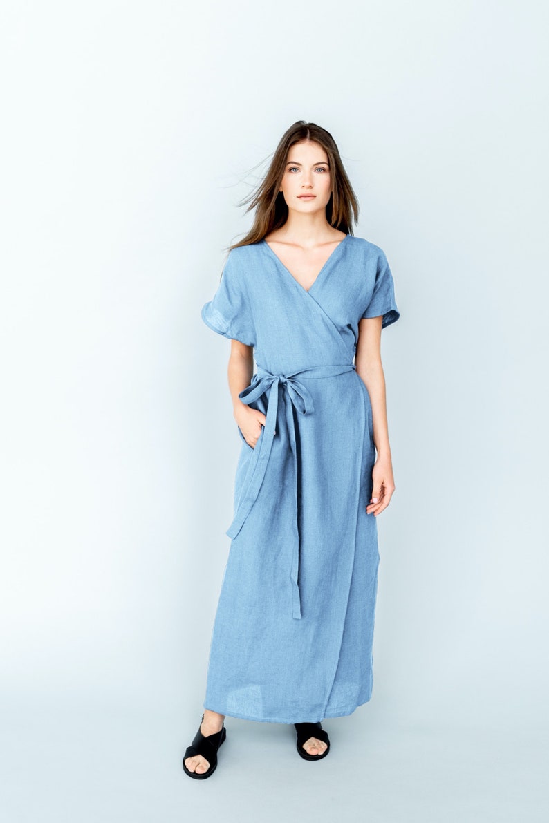 Linen maxi dress maternity dress plus size dress wrap dress kimono dress evelyn light blue