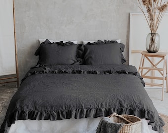 Linen Bedding Set of 3, Ruffle Duvet Cover and Two Ruffle Pillowcases, Dark Gray, Mothers Day Gift