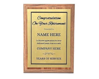 Customized Retirement plaque 8X6, Personalized Gift for Co-Worker, Award for Women and Men. Customize Now!