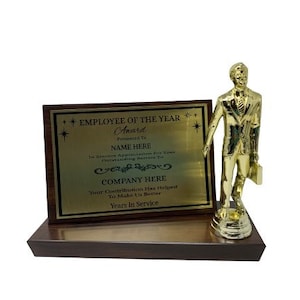 Customized Employee of the year.Freestanding 8x7x4 Plaque, with 7&quot; figure on the side. Gift for Co-Worker, for Women and Men. Customize Now!