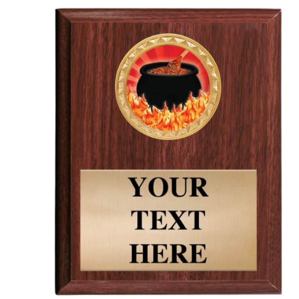 Customized 5x7 Custom Wood Finish Flaming Hot Chili Pot Awards - Chili Cook-Off Plaque Award