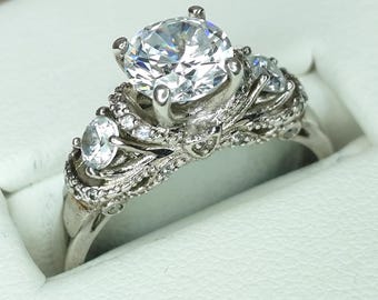 Vintage Milgrain 3 Stone Ring With Hidden Heart Size 8 1/4 Sterling Silver Ring