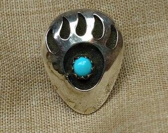Vintage Sterling Silver Bear Paw Pin, Turquoise Stone Shadowbox