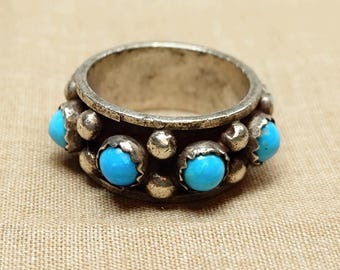 Vintage Sterling Silver Turquoise  Eternity Ring, Southwestern Style, Size 6