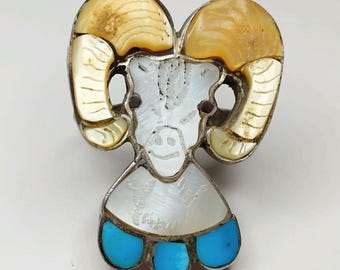 Vintage Joe Zunie Sterling Silver Bighorn Sheep Ring, Turquoise MOP Inlay