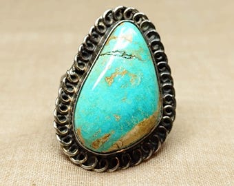 Turquoise Teardrop In Sterling Silver Twisted Rope Southwestern Vintage Ring Size 8