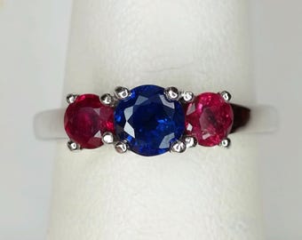 Sapphire And Rubies 14k White Gold Sizable 6 1//4, 3 Gemstone Ring