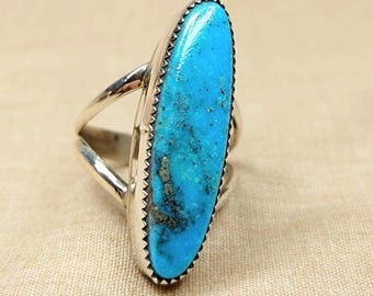 Sterling Silver Long Thin Turquoise Native American Designer Ring, Size 8.5 Herbert Tsosie