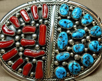 Tommy Moore Vintage Turquoise And Coral Sterling Silver Belt Buckle Fits 1 1/2 Inch Belt