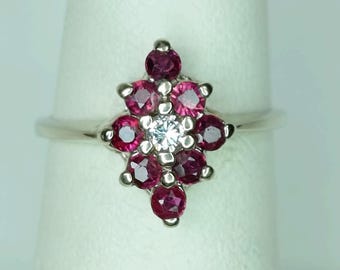 Vintage 14k White Gold Ruby Diamond Cluster Ring, Size 5.75 (Resizable)
