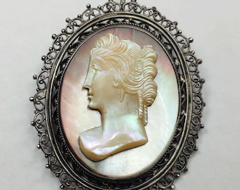 Vintage Mother of Pearl Cameo In Filigree Sterling Silver Pendant or Brooch