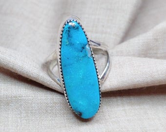 Vintage Polished Long Turquoise Sterling Silver Ring, Size 9 Navajo Designer Herbert Tsosie